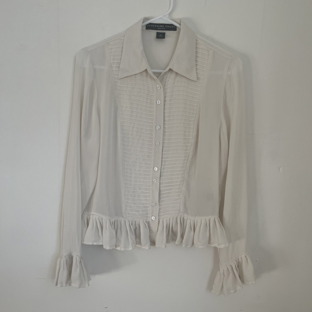 Womens Vintage Silk Button Down Blouse Cream Flared Cuff Romantic Victorian 10